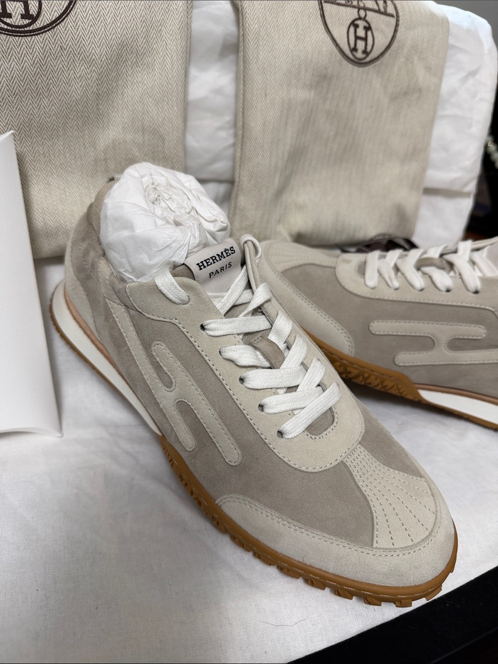 Hermes Beige and Gum Sole Suede Lace-Up Sneakers - Picture 2 of 10